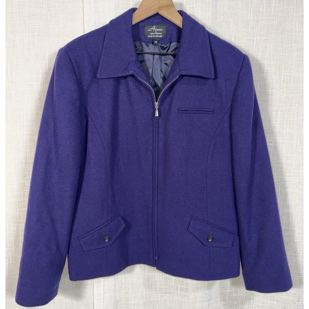 Vintage Alanni by Donnybrook Women's Navy 100% Wool Zip‎ Up Blazer Jacket Sz 14